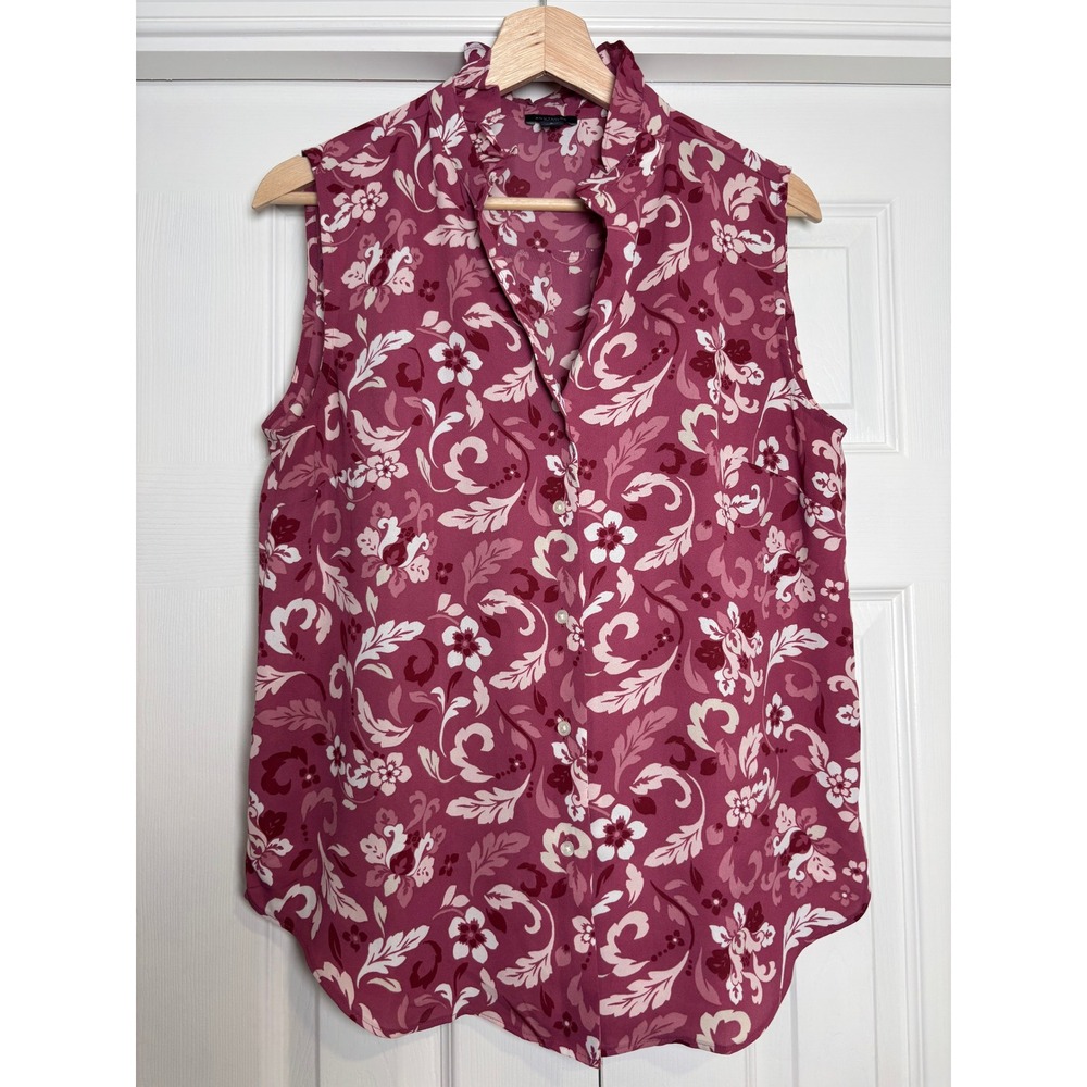 Ann Taylor Factory Pink Floral Ruffle Neck Sleeveless Blouse Medium